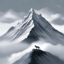 A high-quality digital art of a towering mountain shrouded in clouds, with a lone, silver-grey wolf climbing up its steep slopes