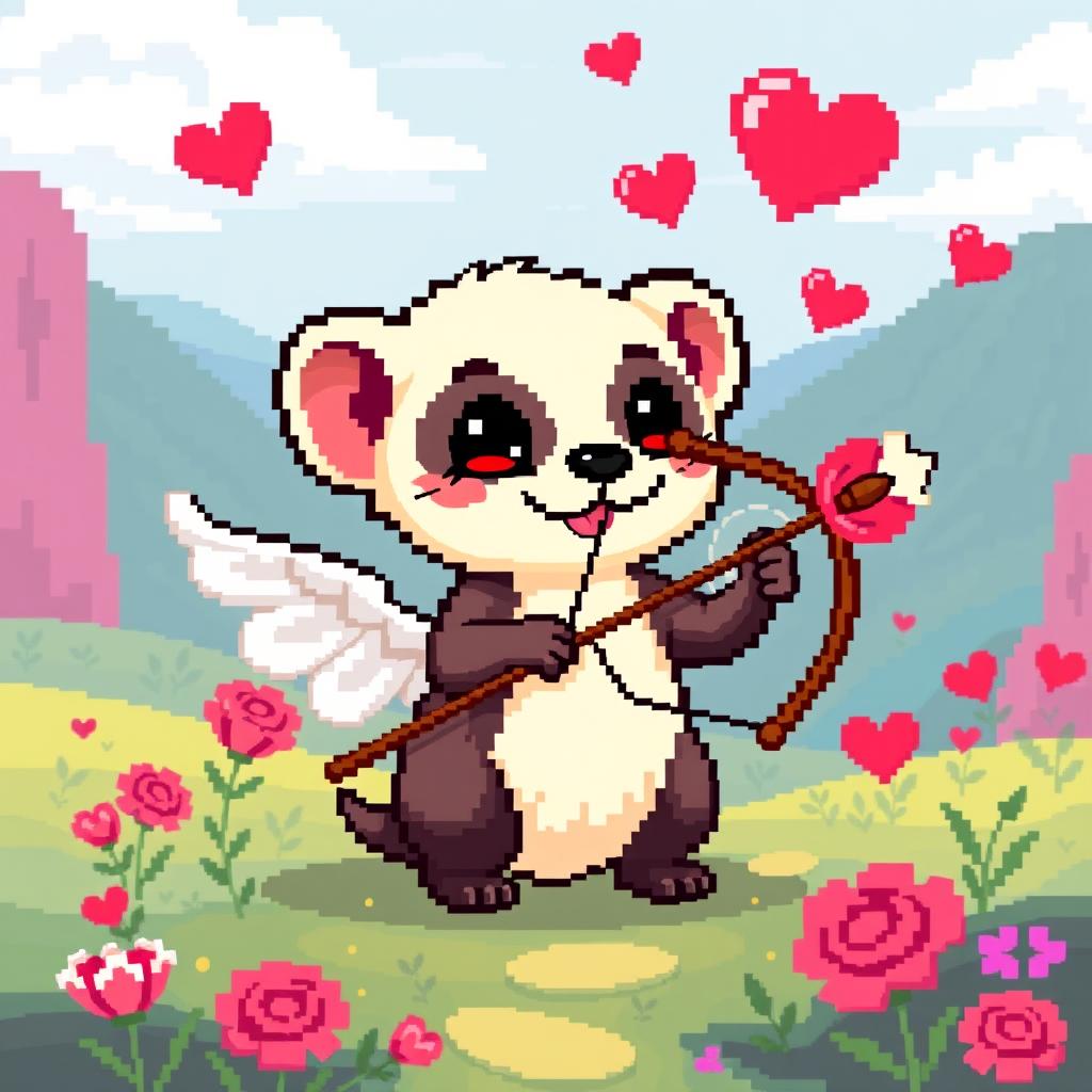 A pixel art style depiction of a cute animal, specifically a weasel (or ferret), designed to look like Cupid