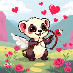 A pixel art style depiction of a cute animal, specifically a weasel (or ferret), designed to look like Cupid