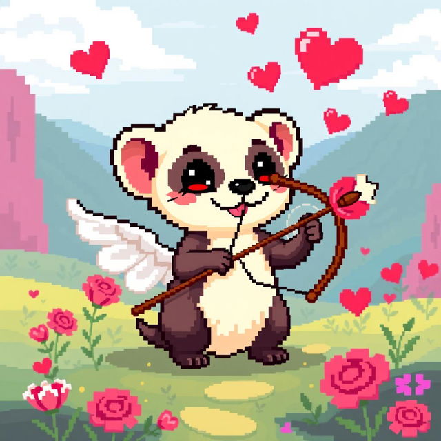 A pixel art style depiction of a cute animal, specifically a weasel (or ferret), designed to look like Cupid