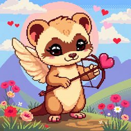 A pixel art style depiction of a cute animal, specifically a weasel (or ferret), designed to look like Cupid