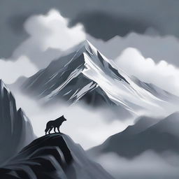 A high-quality digital art of a towering mountain shrouded in clouds, with a lone, silver-grey wolf climbing up its steep slopes