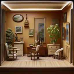 Design a miniature room fitted in an 11 by 18-inch space, with detailed, scaled-down furniture and decorations.