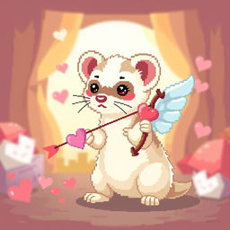 A pixel art style image featuring a cute and whimsical animal, specifically a ferret styled as a cupid