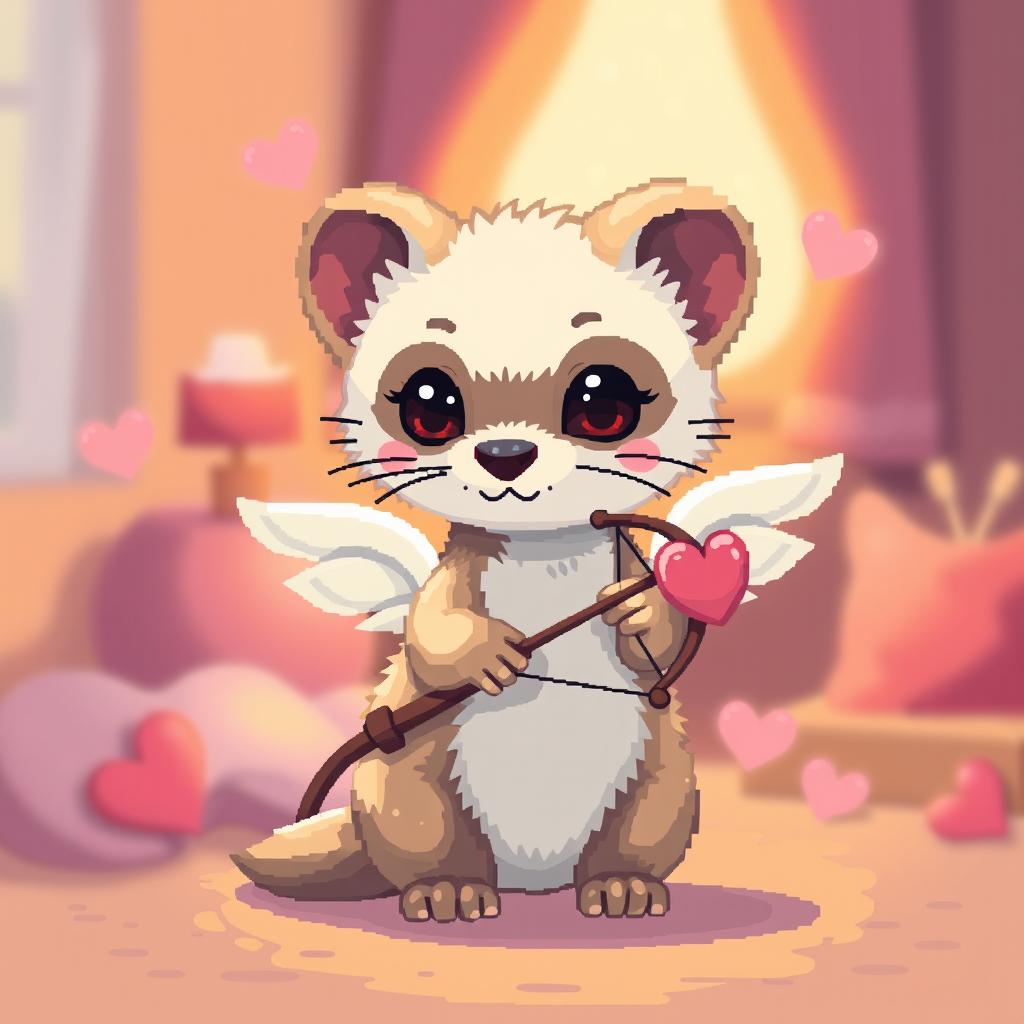 A pixel art style image featuring a cute and whimsical animal, specifically a ferret styled as a cupid