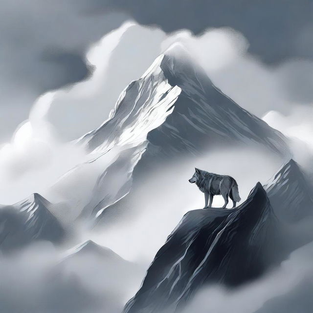 A high-quality digital art of a towering mountain shrouded in clouds, with a lone, silver-grey wolf climbing up its steep slopes