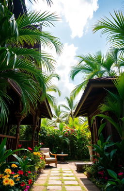 A cozy and inviting traditional Indonesian house, featuring intricate wooden architecture with ornate carvings
