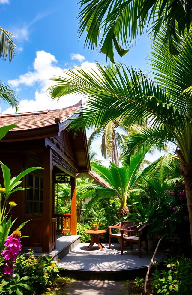 A cozy and inviting traditional Indonesian house, featuring intricate wooden architecture with ornate carvings