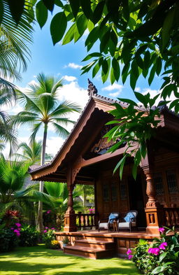 A cozy and inviting traditional Indonesian house, featuring intricate wooden architecture with ornate carvings