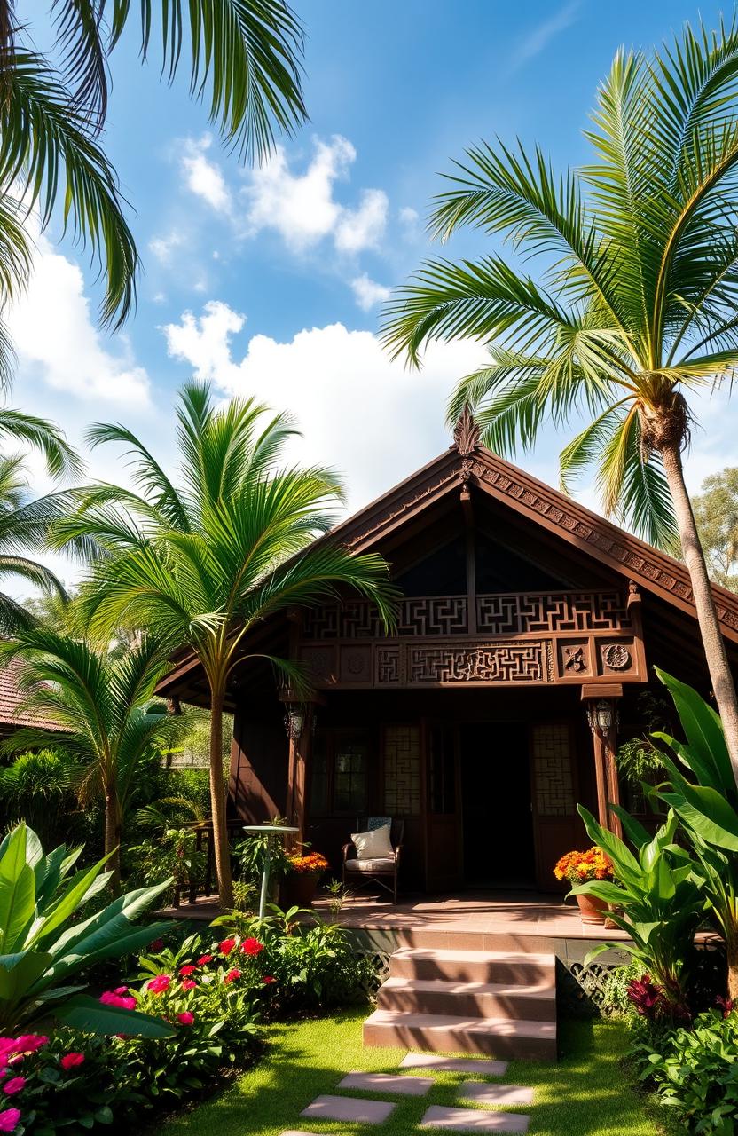 A cozy and inviting traditional Indonesian house, featuring intricate wooden architecture with ornate carvings