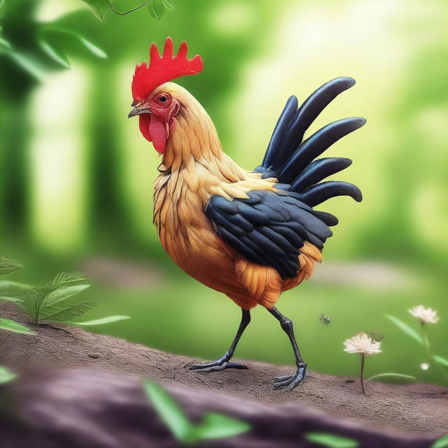 This digital art depicts a creature that is a blend of a chicken and an ant