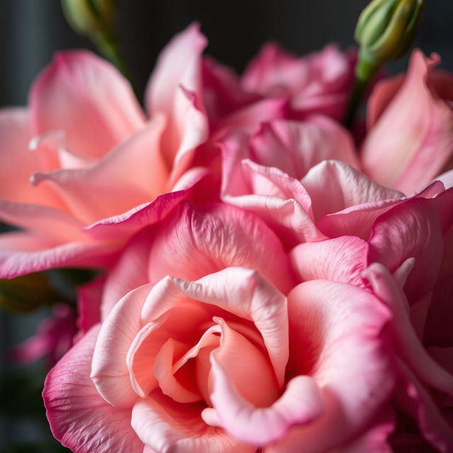 A hyper-realistic close-up of an elegant and alluring flower arrangement, focusing on the intricate details of the petals, showcasing vibrant colors and soft textures, with a delicate play of light and shadows adding depth to the composition