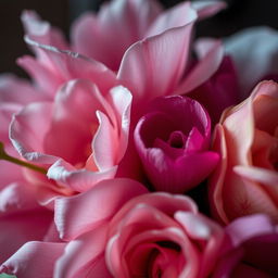 A hyper-realistic close-up of an elegant and alluring flower arrangement, focusing on the intricate details of the petals, showcasing vibrant colors and soft textures, with a delicate play of light and shadows adding depth to the composition