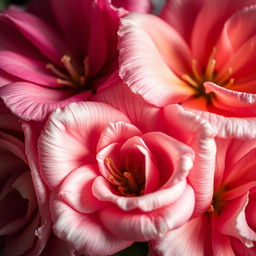 A hyper-realistic close-up of an elegant and alluring flower arrangement, focusing on the intricate details of the petals, showcasing vibrant colors and soft textures, with a delicate play of light and shadows adding depth to the composition