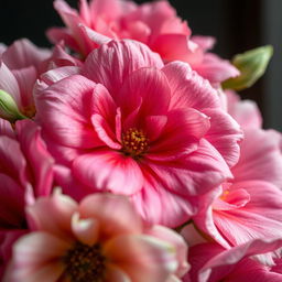 A hyper-realistic close-up of an elegant and alluring flower arrangement, focusing on the intricate details of the petals, showcasing vibrant colors and soft textures, with a delicate play of light and shadows adding depth to the composition