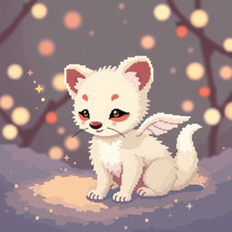 Pixel art of a white marten resembling Cupid, set in a cozy, warm light atmosphere