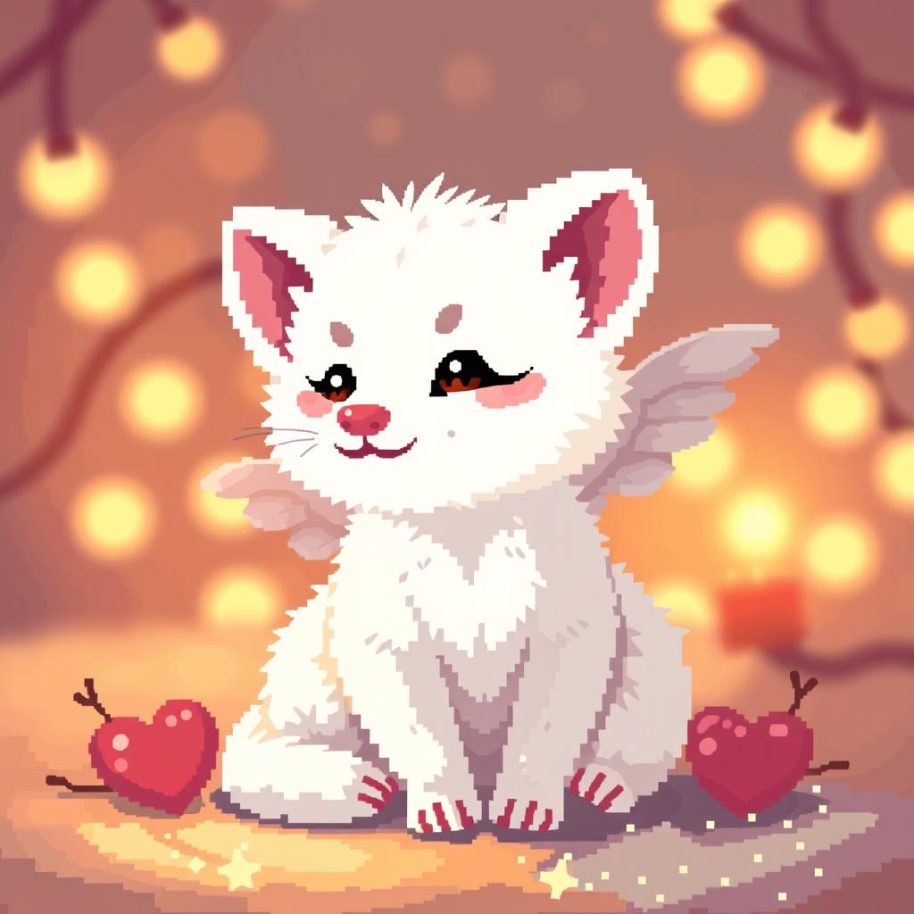 Pixel art of a white marten resembling Cupid, set in a cozy, warm light atmosphere