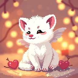 Pixel art of a white marten resembling Cupid, set in a cozy, warm light atmosphere