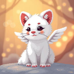 Pixel art of a white marten resembling Cupid, set in a cozy, warm light atmosphere