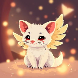 Pixel art of a white marten resembling Cupid, set in a cozy, warm light atmosphere