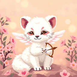 A charming pixel art scene featuring a white marten resembling Cupid, with delicate wings and a playful expression