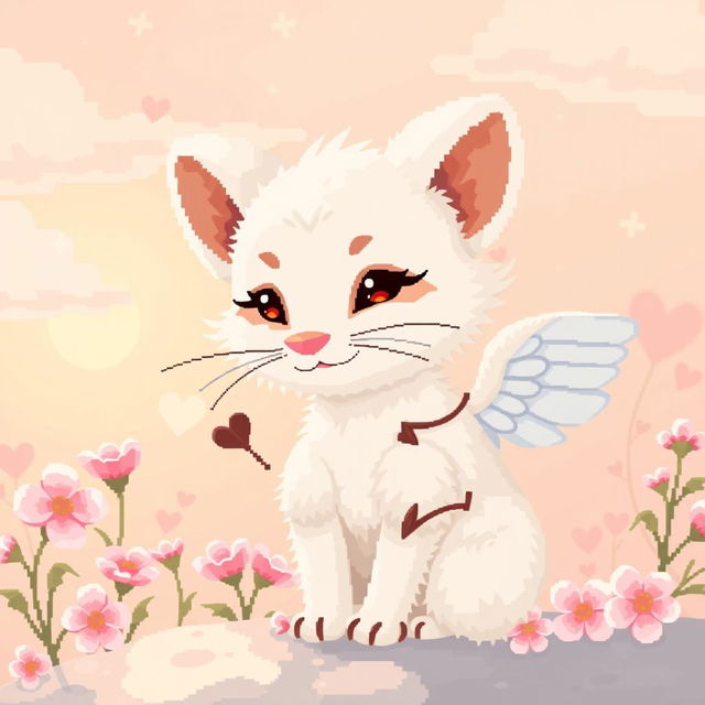 A charming pixel art scene featuring a white marten resembling Cupid, with delicate wings and a playful expression