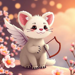 A charming pixel art scene featuring a white marten resembling Cupid, with delicate wings and a playful expression