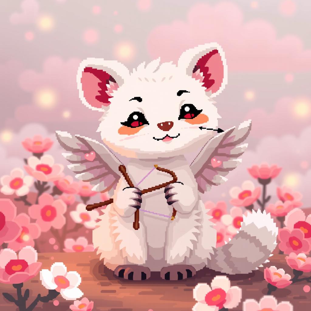 A charming pixel art scene featuring a white marten resembling Cupid, with delicate wings and a playful expression