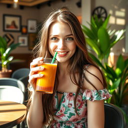 A beautiful 20-year-old woman with long flowing brunette hair and striking hazel eyes, dressed in a stylish floral summer dress