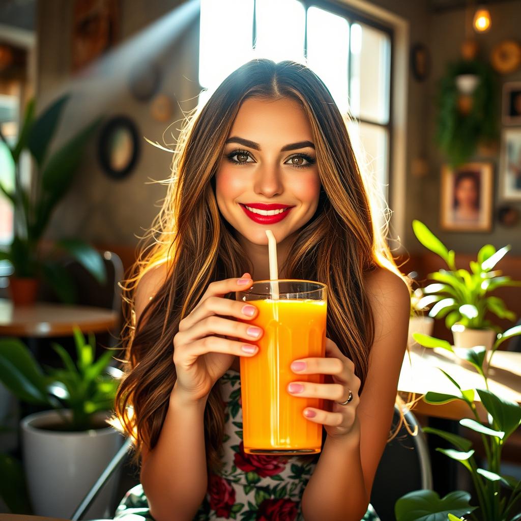 A beautiful 20-year-old woman with long flowing brunette hair and striking hazel eyes, dressed in a stylish floral summer dress