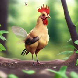 This digital art depicts a creature that is a blend of a chicken and an ant