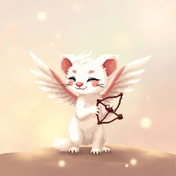 A pixel art depiction of a white marten, styled as Cupid, with a striking pair of delicate wings