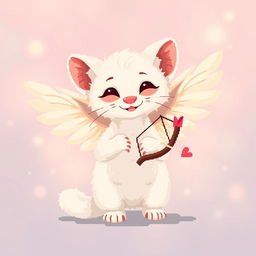 A pixel art depiction of a white marten, styled as Cupid, with a striking pair of delicate wings