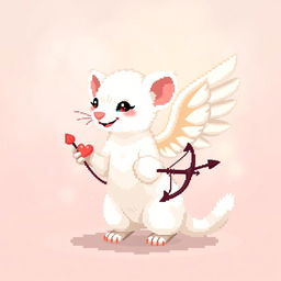 A pixel art depiction of a white marten, styled as Cupid, with a striking pair of delicate wings