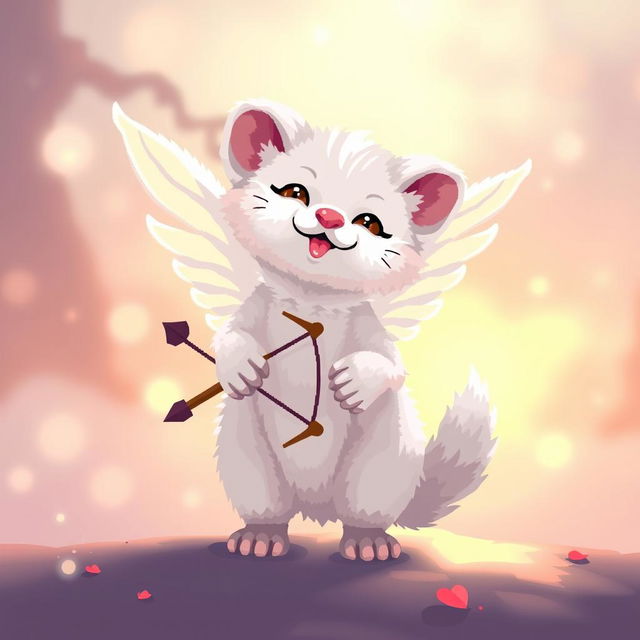 A pixel art depiction of a white marten, styled as Cupid, with a striking pair of delicate wings