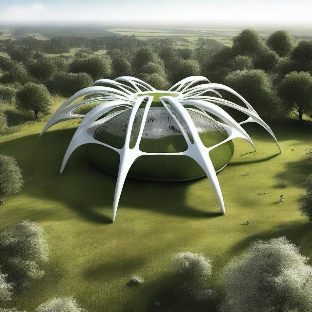 A digital rendering of the Spider House, a unique structure shaped like a gigantic spider, set in a lush green landscape.