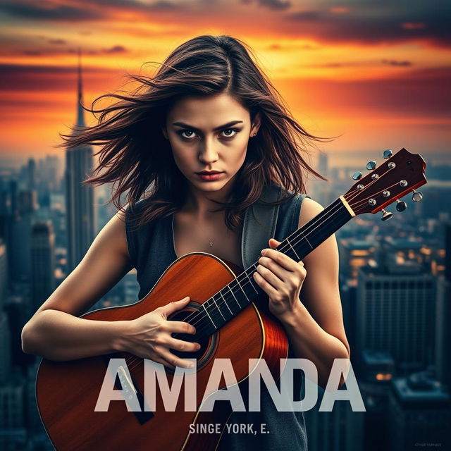 A dramatic movie poster featuring a young woman named Amanda, a talented singer, holding her acoustic guitar