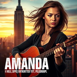 A dramatic movie poster featuring a young woman named Amanda, a talented singer, holding her acoustic guitar