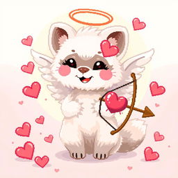 A pixel art depiction of a white marten as a cute Cupid character, featuring angelic wings and a bow and arrow