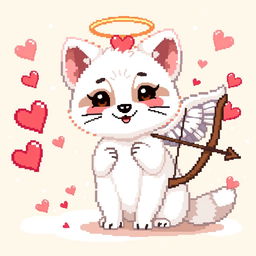 A pixel art depiction of a white marten as a cute Cupid character, featuring angelic wings and a bow and arrow