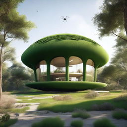 A digital rendering of the Spider House, a unique structure shaped like a gigantic spider, set in a lush green landscape.