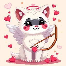 A pixel art depiction of a white marten as a cute Cupid character, featuring angelic wings and a bow and arrow
