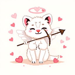 A pixel art depiction of a white marten as a cute Cupid character, featuring angelic wings and a bow and arrow