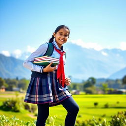 A beautiful Nepali school girl wearing traditional school attire with knee-high stockings, standing confidently in a scenic backdrop of the Himalayas