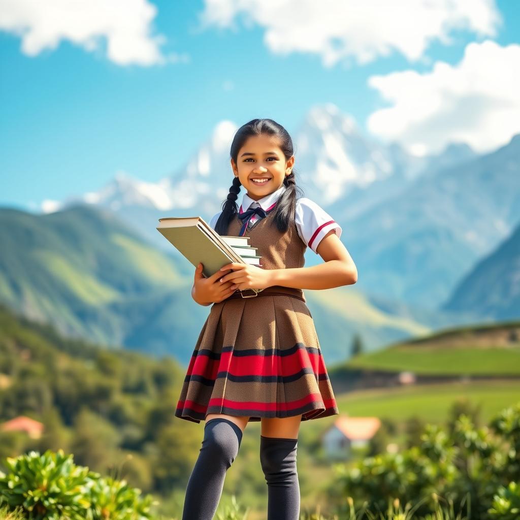 A beautiful Nepali school girl wearing traditional school attire with knee-high stockings, standing confidently in a scenic backdrop of the Himalayas