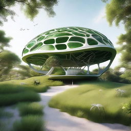 A digital rendering of the Spider House, a unique structure shaped like a gigantic spider, set in a lush green landscape.