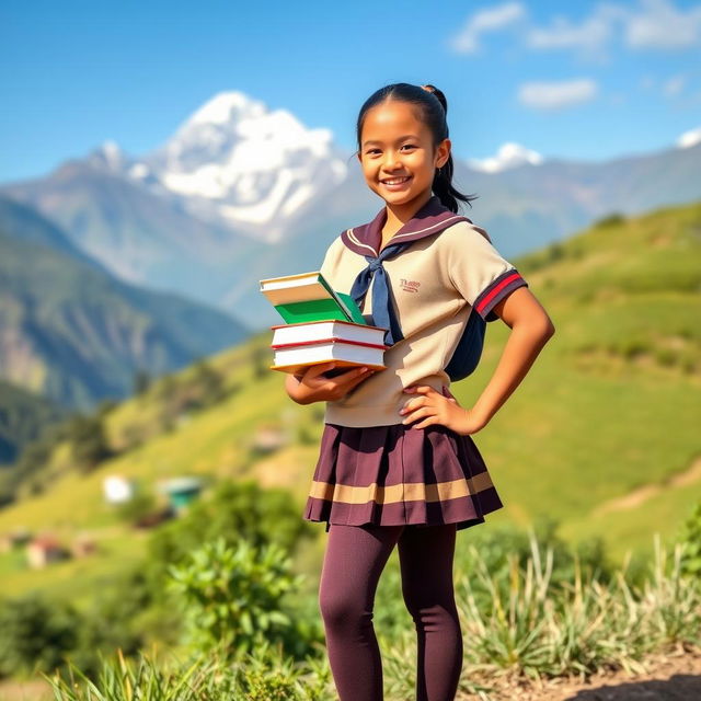 A beautiful Nepali school girl wearing traditional school attire with knee-high stockings, standing confidently in a scenic backdrop of the Himalayas