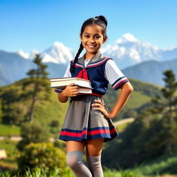 A beautiful Nepali school girl wearing traditional school attire with knee-high stockings, standing confidently in a scenic backdrop of the Himalayas