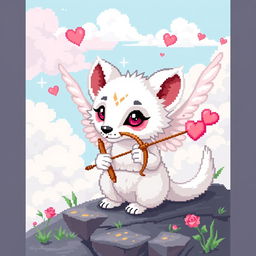 A pixel art scene featuring a white marten designed as Cupid, with delicate angelic wings and a playful expression