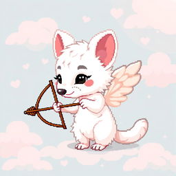 A pixel art scene featuring a white marten designed as Cupid, with delicate angelic wings and a playful expression